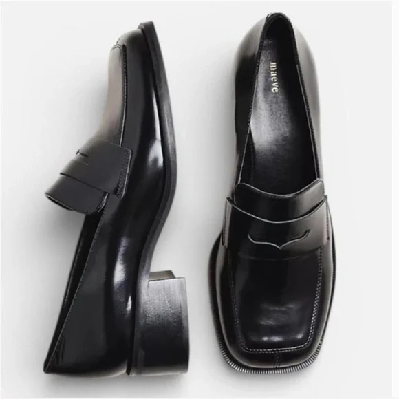 Maeve Anthropologie Square Toe Leather Penny Loafer Heels Black - Sz. 5-5.5 - Picture 2 of 8